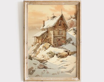 Download di arte da parete invernale vintage, stampa digitale pittura cabina innevata, decorazioni natalizie stampabili, decorazione rustica antica della fattoria