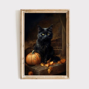 黒猫かぼちゃプリントのダウンロード、ハロウィーンの装飾プリント絵画、秋の不気味な雰囲気のあるプリント可能な壁アート、ヴィンテージダークアカデミア