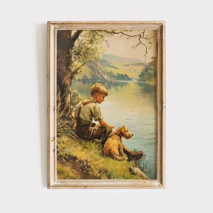 Boy and Dog by Pond Oil Painting Digital Print, Boys Nursery Vintage Antique Farmhouse Decor, Artful Printable Wall Art Download, Rustic