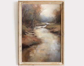 Vintage Muted River Landscape Painting Download | Neutral Nature Digital Print | Antique Printable Wal Art | Farmhouse Rustic Decor
