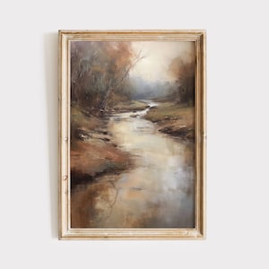 Vintage Muted River Landscape Painting Download | Neutral Nature Digital Print | Antique Printable Wal Art | Farmhouse Rustic Decor
