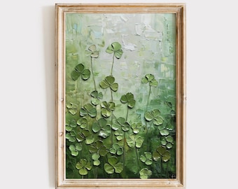 May include: A painting of a field of green four-leaf clovers in a wooden frame. The clovers are painted in a textured style, giving the painting a three-dimensional look.