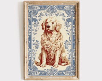 May include: A framed print featuring a golden retriever dog illustration. The dog is depicted in a seated position with detailed fur. The artwork is set against a cream background with a blue floral border, encased in a wooden frame.