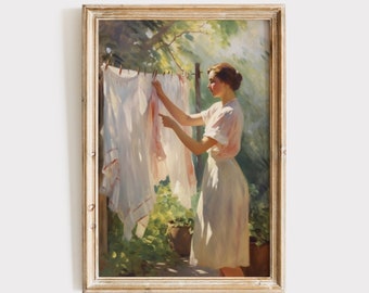 Clothesline Painting Download | Vintage Laundry Room Art Print | Printable Wall Art | Digital Print | Rustic Antique Farmhouse Decor