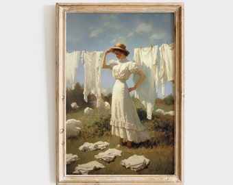 Clothesline Painting Download | Vintage Laundry Room Art Print | Printable Wall Art | Digital Print | Rustic Antique Farmhouse Decor