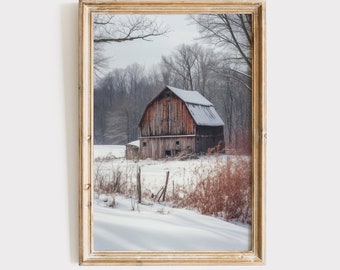 Arte de pared de invierno vintage, descarga de pintura de granero nevado, decoración navideña imprimible, descarga digital de granja rústica antigua