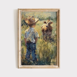 Western Cowboy Boys Room Art, Oil Painting Download, Vintage Boy Nursery Printable Wall Art, Rustic Farmhouse Kids Decor