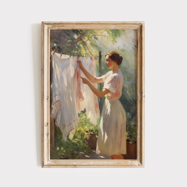 Clothesline Painting Download | Vintage Laundry Room Art Print | Printable Wall Art | Digital Print | Rustic Antique Farmhouse Decor