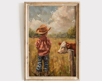Western Cowboy Boys Room Art, Oil Painting Download, Vintage Boy Nursery Printable Wall Art, Rustic Farmhouse Kids Decor
