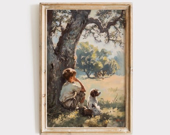 Vintage Boys Room Art, Boy and Dog Under a Tree Painting Download, Nature Printable Wall Artful Decor, Digital Print, Kids Nursery Artwork