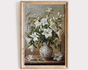 ヴィンテージの白い花の絵画のダウンロード、花柄の印刷可能な壁アート、デジタルプリント、アンティークな装飾、春の素朴なアートワーク、油絵