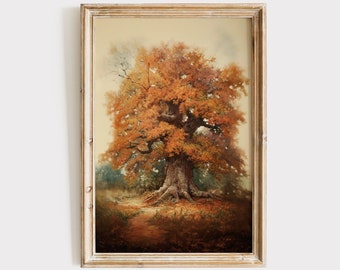Vintage Fall Tree Painting Download, Landscape Decor Print, Printable Wall Art, Antique Rustic Farmhouse Autumn Large Oak Orange Decoration