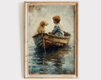 Vintage Boys Room Art, Boy and Dog on Boat Painting Download, Printable Wall Decor, Digital Print, Boys Nursery Artwork