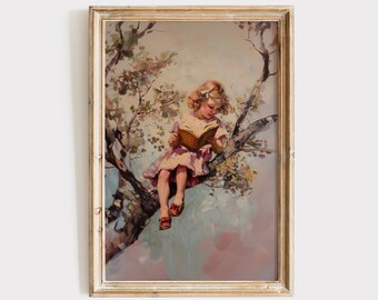Vintage Girls Room Art, Oil Painting Digital Download, Girl Reading in a Tree, Girl Nursery Book Artwork, Printable Wall Decor, Artful Art