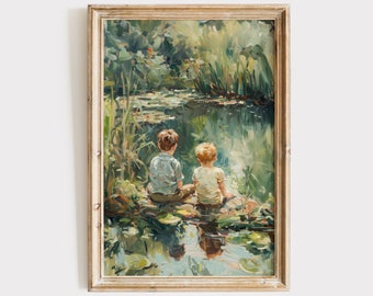 Vintage Boys Room Art, Boy by Pond Oil Painting Download, Digital Print, Printable Wall Art, Nursery Decor, Farmhouse Kids Room Artwork