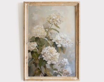 Vintage Hydrangea Painting Download, White Flowers Printable Wall Decor, Artful Art, Antique Rustic Farmhouse Floral Artwork, Digital Print