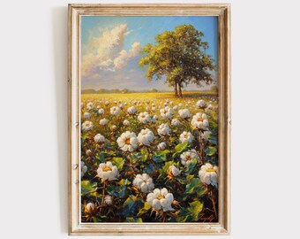 Cotton Field Painting, Digital Download Print, Rustic Farmhouse Decor, Printable Wall Art, Vintage Farm Artwork