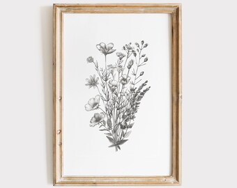 May include: A framed black and white botanical illustration of a bouquet of wildflowers. The flowers are drawn in a detailed and realistic style.