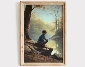 Vintage Wall Art Download | Boy by Pond | Summer Decor Print | Boys Nursery Printable Digital Painting | Antique Instant Downloadable Nature