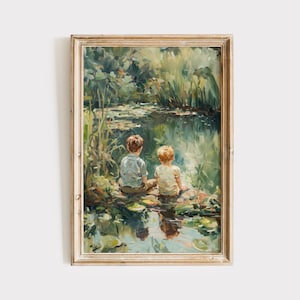 Arte vintage per la cameretta dei ragazzi, download del dipinto a olio "Ragazzo sullo stagno", stampa digitale, arte murale stampabile, decorazioni per la cameretta dei bambini, opere d'arte in stile fattoria per la cameretta dei bambini