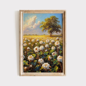 Cotton Field Painting, Digital Download Print, Rustic Farmhouse Decor, Printable Wall Art, Vintage Farm Artwork