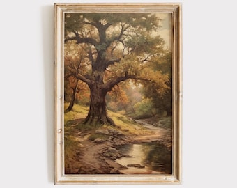 Download di pittura di paesaggio vintage / Oak Tree Stream Creek Colori tenui neutri / Arte murale stampabile / Stampa digitale / Arredamento rustico antico