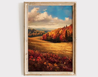 Vintage Fall Landscape Art Download, Autumn Oil Painting, Rustic Farmhouse Printable Wall Decor, Country Art for Fall, Digital Print