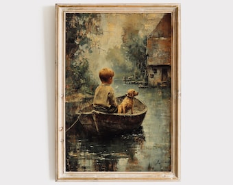 Vintage jongens kamer kunst, jongen en hond op boot schilderij downloaden, afdrukbare kunst aan de muur decor, digitale print, jongens kinderkamer artwork