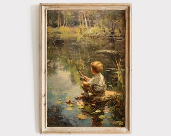 Vintage Boys Room Art, Boy Fishing in a Pond Painting Download, Printable Wall Decor, Digital Print, Boys Nursery Artwork