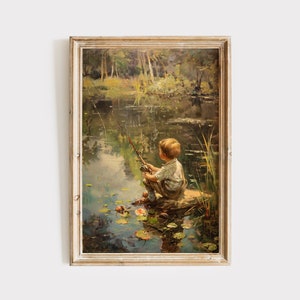 Vintage Boys Room Art, Boy Fishing in a Pond Painting Download, Printable Wall Decor, Digital Print, Boys Nursery Artwork