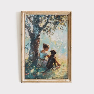 Vintage Girls Room Art, Oil Painting Digital Download, Girl and Dog Under Tree, Girl Nursery Artwork, Printable Wall Decor, Artful Art