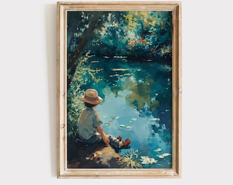 Vintage Wall Art Download | Boy by Pond | Summer Decor Print | Boys Nursery Printable Digital Painting | Antique Instant Downloadable Nature