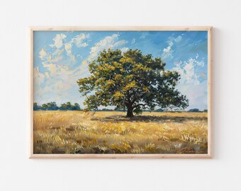 Download di pittura ad albero vintage, stampa digitale albero di quercia in un campo di grano, decorazione murale rustica della fattoria, opera d'arte stampabile