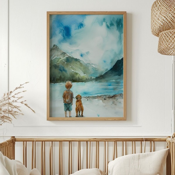 Boy and Dog Nursery Print, Watercolor Painting Digital Download, Animal Printable Wall Art, Puppy Mountain Nature Toddler Baby Room Artwork