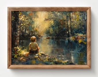 Vintage Wall Art Download | Boy by Pond | Summer Decor Print | Boys Nursery Printable Digital Painting | Antique Instant Downloadable Nature