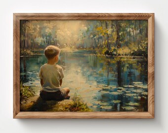 Vintage Wall Art Download | Boy by Pond | Summer Decor Print | Boys Nursery Printable Digital Painting | Antique Instant Downloadable Nature