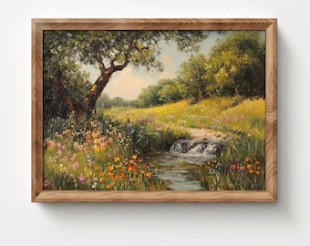 Vintage Landscape Painting Download, Spring Wildflowers Art, Floral Flowers Wall Decor, Digital Print, Cottagecore Art, Cottage Core