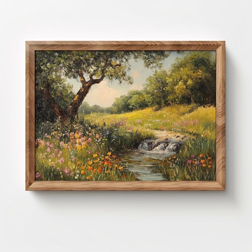 Téléchargement de peinture de paysage vintage, art de fleurs sauvages printanières, décoration murale fleurs florales, impression numérique, art cottagecore, noyau de cottage