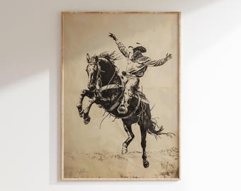 Vintage Western Wall Art, Cowboy Print for Boys Room, Printable Wall Decor, Cowboy Riding Horse Sketch, Kids Room Artwork, Living Room Art