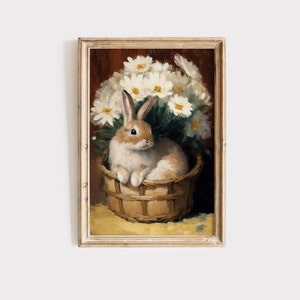 Bunny in a Flower Basket Printable Wall Art | Easter Bunny Painting | Digital Download | Spring Decor