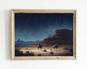 Western Night Sky Painting Download | Cowboy Printable Wall Art | Cowboys Country Farmhouse Rustic Decor Landscape Digital Print Artwork