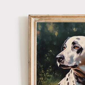 May include: A framed painting of a Dalmatian dog with black spots on a white coat. The dog is looking to the right, with a dark background of green and yellow foliage. The frame is a light gold color.
