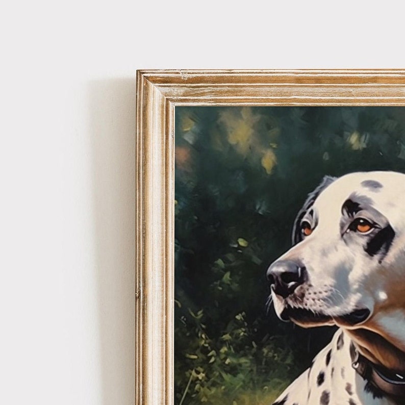 May include: A framed painting of a Dalmatian dog with black spots on a white coat. The dog is looking to the right, with a dark background of green and yellow foliage. The frame is a light gold color.