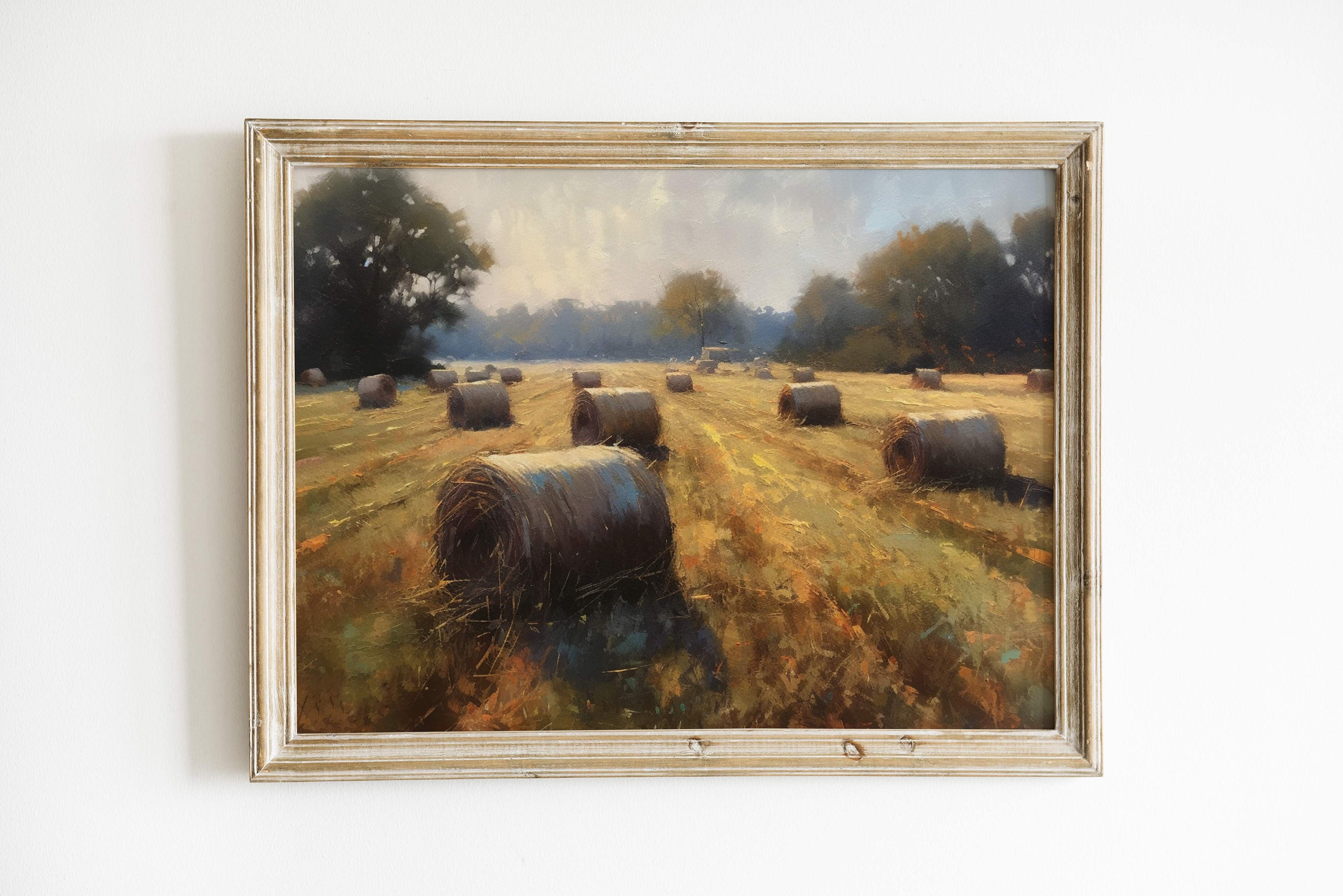 Hay Bales Painting Download | Vintage oil Painting Printable Wall Art | Bales of Hay in a Field | Rustic Farm Antique Art