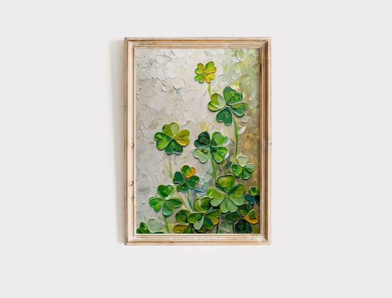 Vintage St Patrick's Day Art Download, Clover Oil Painting, Shamrock Printable Wall Art, Digital Print, Green Spring Decor