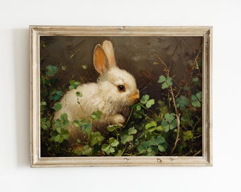 Vintage Rabbit Painting Printable, Bunny Digital Print, Easter Spring Springtime Boys Girls Nursery Art, Antique Farmhouse Decor Artwork