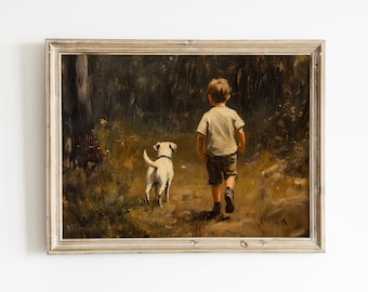 Vintage jongenskamerkunst, jongen en hond in het bos schilderij downloaden, natuur afdrukbare kunst aan de muur kunstig decor, digitale print, kinderkamerkunstwerk