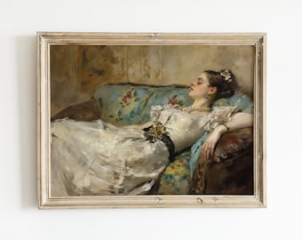 Victorian Woman on Couch Painting Download | Vintage Printable Wall Art | Moody Wall Decor | Girl Laying Down | Bedroom Print | Living Room