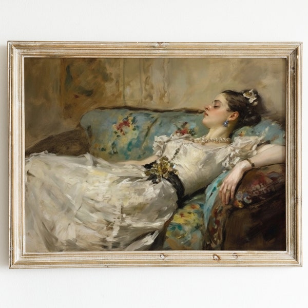 Victorian Woman on Couch Painting Download | Vintage Printable Wall Art | Moody Wall Decor | Girl Laying Down | Bedroom Print | Living Room