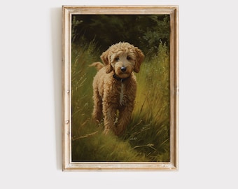 May include: A framed painting of a golden brown dog standing in a field of green grass. The dog is looking directly at the viewer with a curious expression.